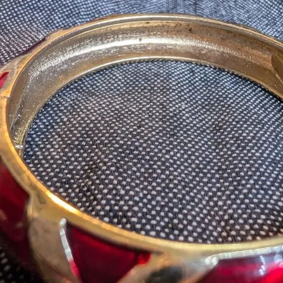 Vintage 80s Red Glass Panel Gold Tone Hinged Bangle Bold Statement - Picture 5 of 12